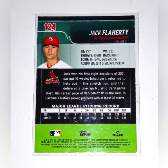 Jack Flaherty Sepia Parallel Topps Stadium Club 2022 #124 - Picture 2 of 2